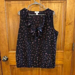 LOFT Navy Sleeveless Ruffle V-Neck Camisole with Mauve Leaf Print